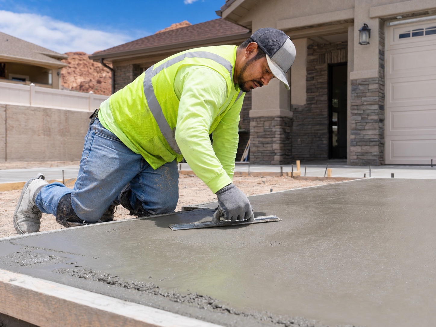 Concrete worker finishing a residential slab in Tooele County, UT